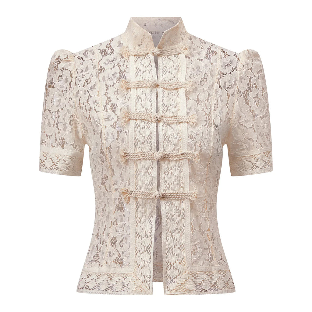 Summer Women's Retro Shirts Sheer Lace Blouse Elegant Stylish Button Down Short Sleeve Tops Casual Sexy