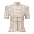 Summer Women's Retro Shirts Sheer Lace Blouse Elegant Stylish Button Down Short Sleeve Tops Casual Sexy