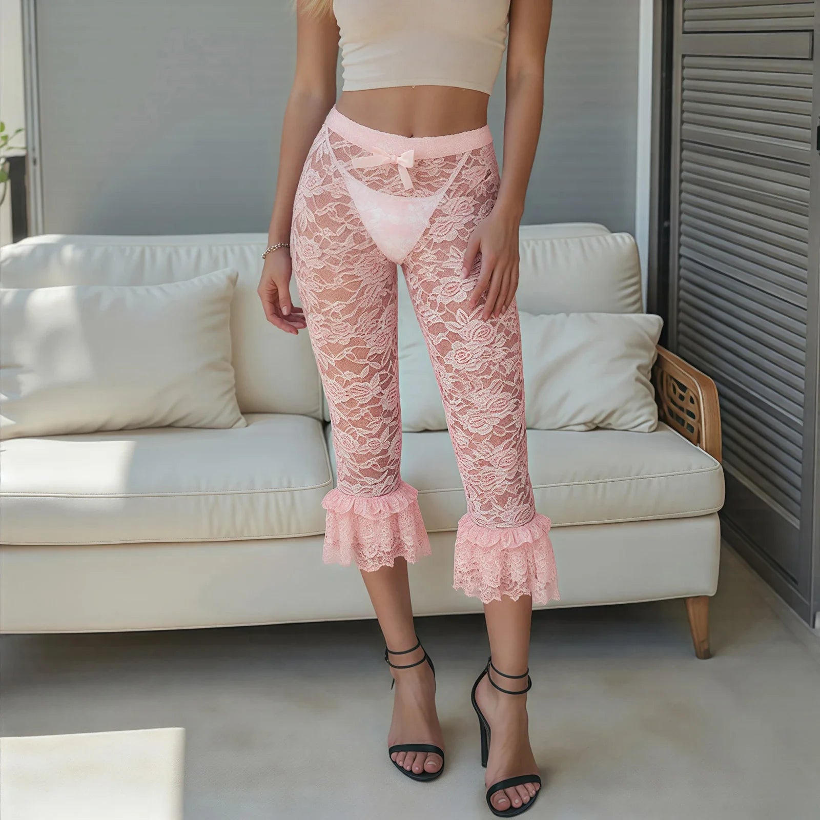 Women Summer Lace Ruffle Capri Leggings Solid Color Sheer Mesh Elastic High Waist See Through Pants