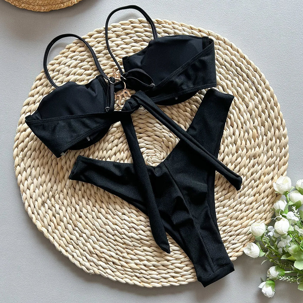 Sexy Metal Sun Ornament Bikini Set Women Solid Black Red Push Up Underwire Micro Swimsuit 2026 Brazilian Bathing Suit Swimwear