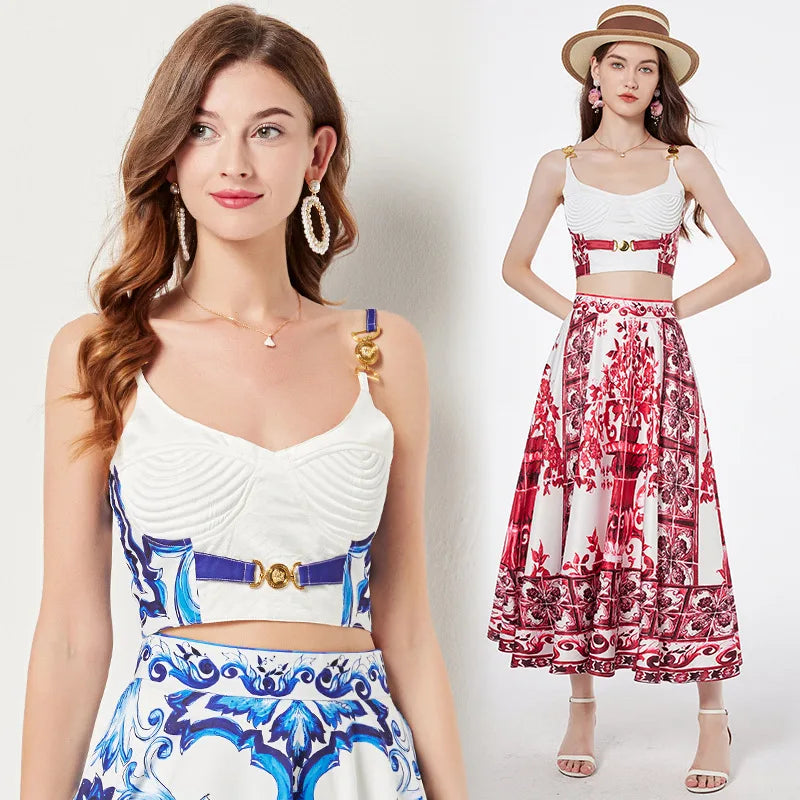 Women's Dress Blue And White Porcelain Retro Printed Metal Buckle Three-dimensional Strapless Top + Wide Skirt Two-piece Set