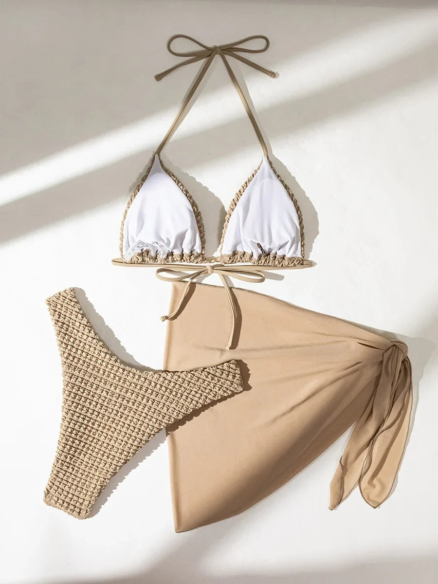 with Mesh Sarong Skirt Wrinkled Halter Bikini Female Swimsuit Women Swimwear Three-pieces Bikini Set Bathing Suit Swim Beachwear