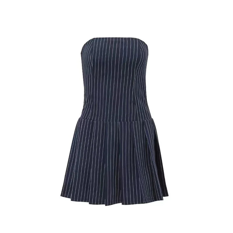WhereMery Korean Women Fashion A-line Dress Y2K Sleeveless Slash-neck Pleated Stripe Dresses Spring Summer Elegant Slim Vestidos