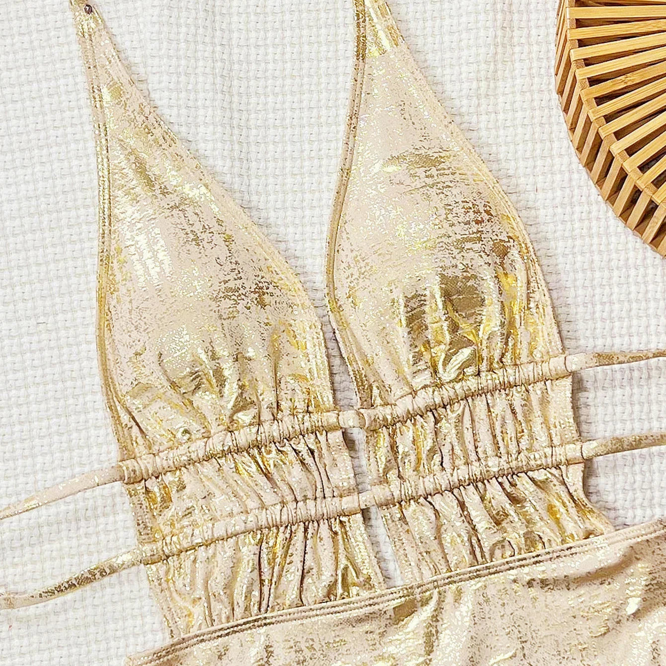 Shiny Gold Halter Backless One Piece Sexy Swimsuit Woman 2026 String Lace-up Swimwear Hollow Out Monokini High Cut Bathing Suit
