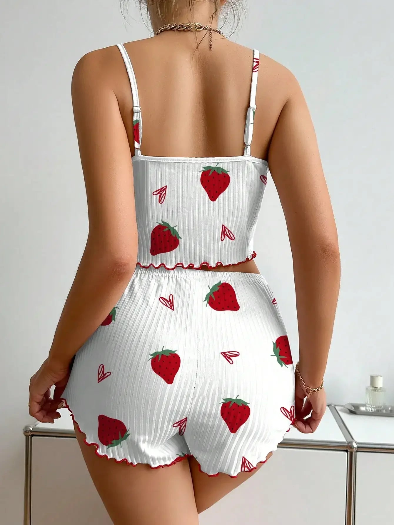 Camisole Strawberry Printing Casual Vest Tops and Shorts 2 Pieces Pajamas Set Women's Summer Sleepwear Loungewear