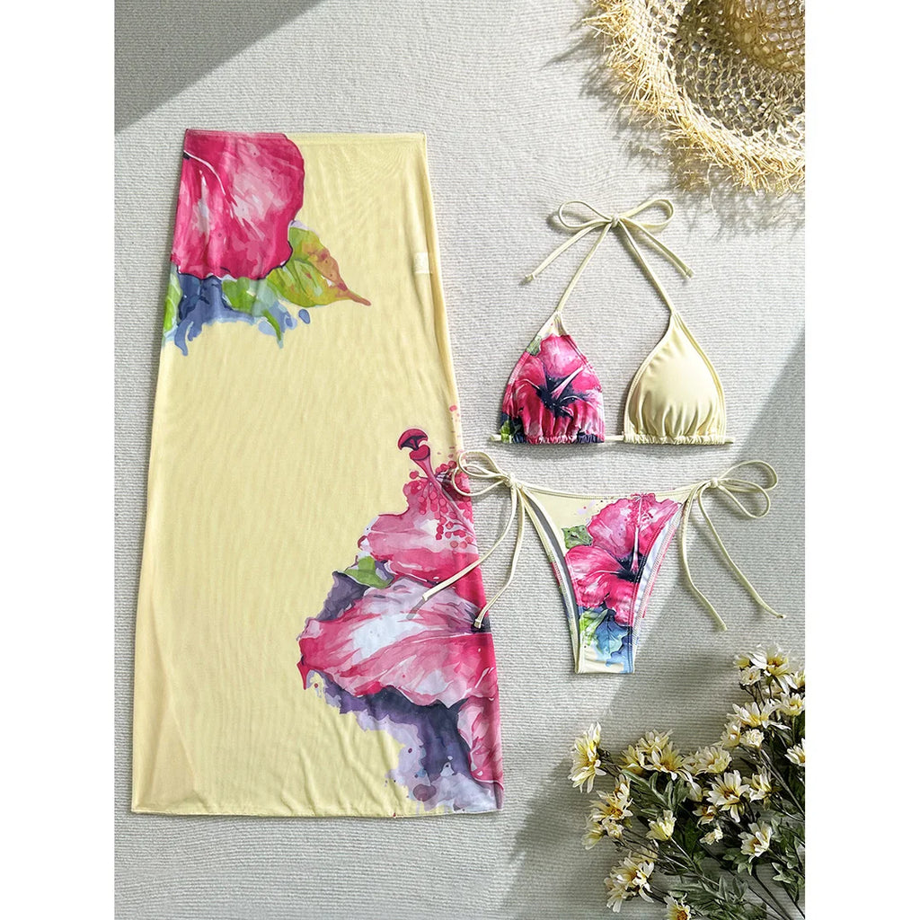 10 Color Flowers Halter Bikini Female Swimsuit Women Swimwear Three-pieces Bikini set With Skirt Bather Bathing Suit Swim V6637C