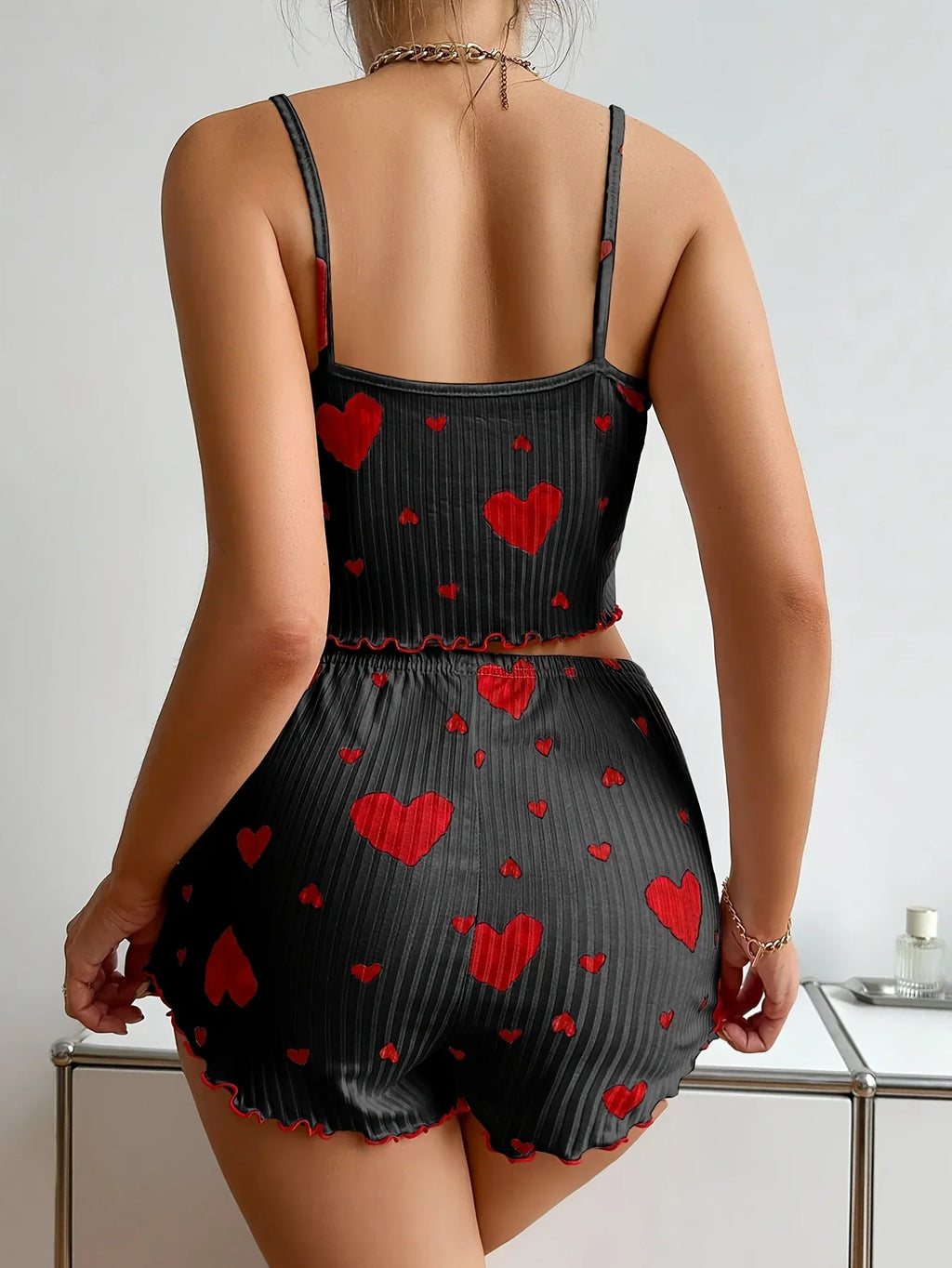 Summer Sleepwear Women 2 Pieces Pajama Set Homewear Heart Print Camisoles and Shorts Sexy Lingerie Nighty Underwear