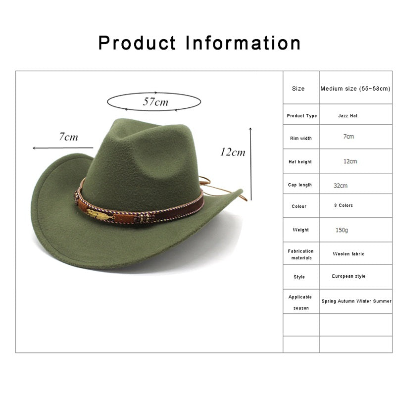Women Men Wide Brim Floppy Cowboy Hat Western Style Wool Felt Flat Top Cap Classic Vintage Bowler Hat Party
