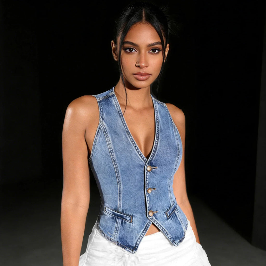 Women's Summer Solid Color Denim Vest Sleeveless V Neck Slim Fit Button Down Jean Tops Waistcoat Vests