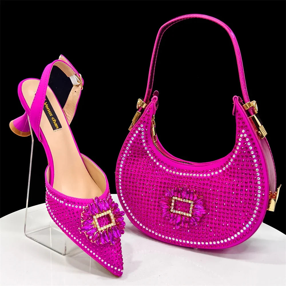 doershow Italian Shoes And Bag Sets For Evening Party With Stones Italian Leather Handbags Match Bags!  HFG1-21