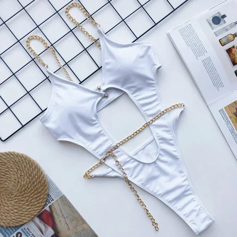 Sexy Metal Chains String High Cut One Piece Swimsuit Women Swimwear Female Monokini Tummy Cut Out Bathing Suit Swim Beach Wear