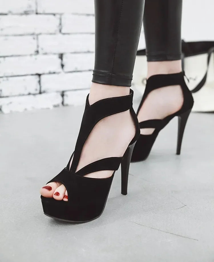 Summer New Pattern Europe and America Fashion Black Sexy Fine Heel Waterproof Fish Mouth High-heeled Women Sandals Size 34-43