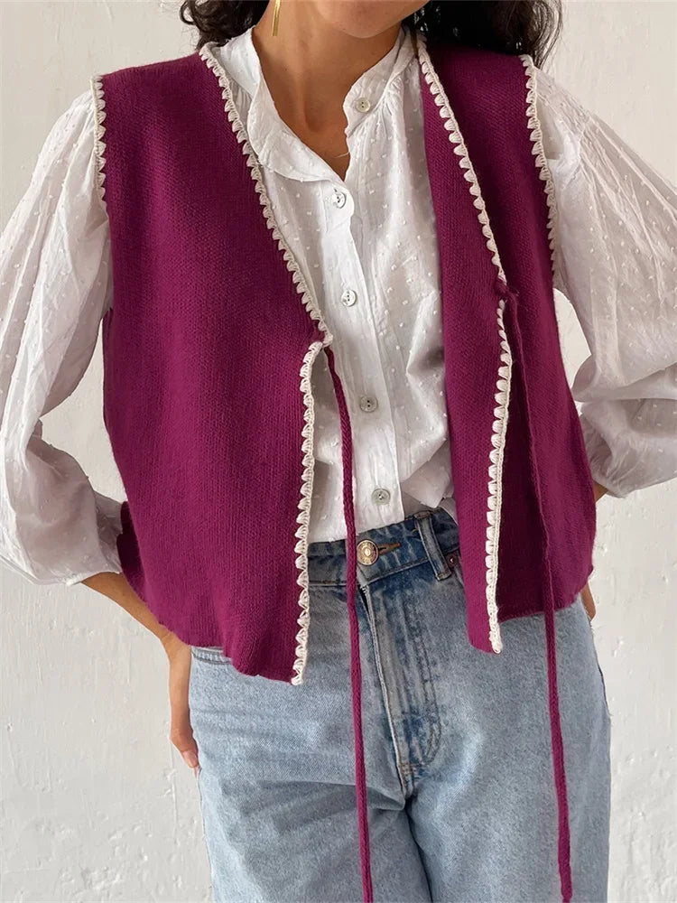 Women's Knit Waistcoat Contrast Color Trim Lacing Closure V-Neck Sleeveless Knit Sweater Vest Cardigan Outerwear