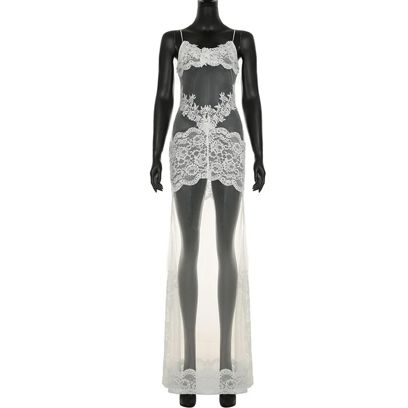 FDYOUI Sexy Lace Patchwork Mesh Long Dress Women Spaghetti Strap See-through Evening Party Dresses White Black Night Club Outfit