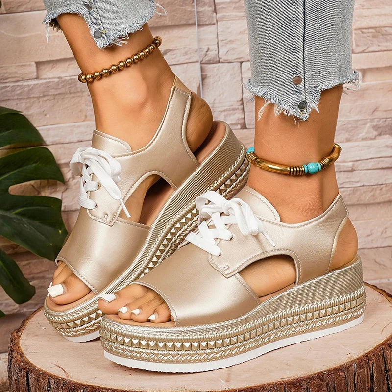 Plus Size Lace Up Chunky Platform Sandals Women 2026 Summer Peep Toe Wedges Sandals Woman Rivets Thick Bottom Gold Sandalias