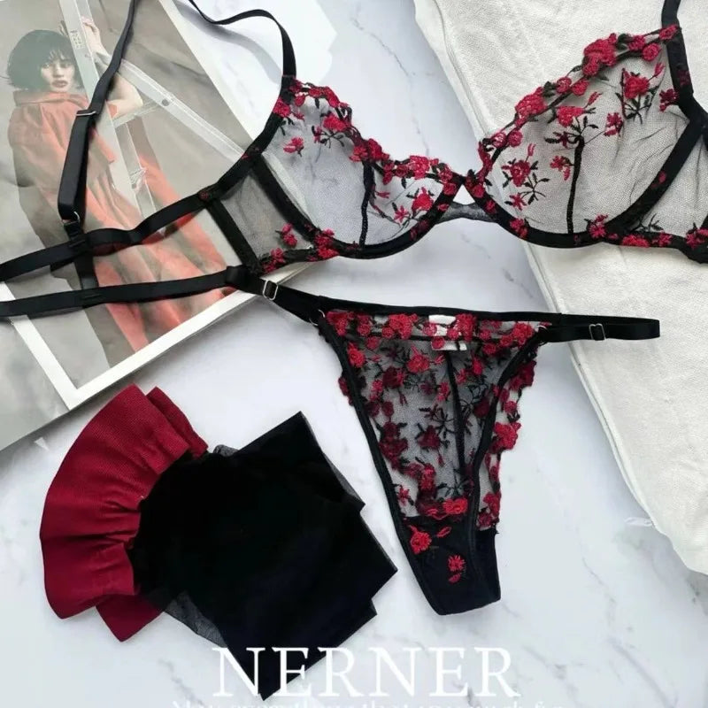 French Floral Bra Set Women | Sweet Sexy Sheer Mesh Lace, Transparent Underwear Set | Practical & Feminine MOYISU Sexy Panty Set