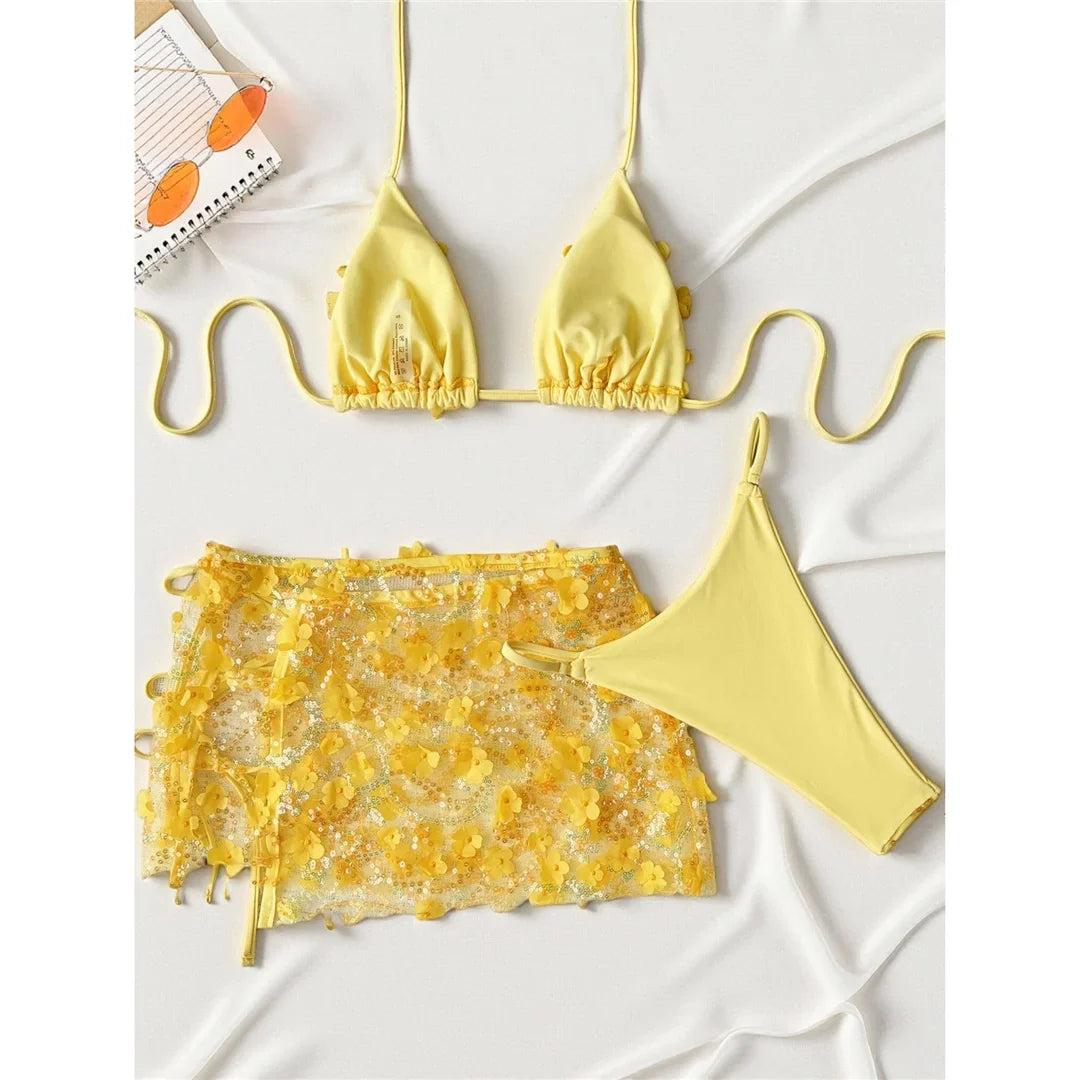 S - XL Three-pieces Bikini set With Skirt Flowers Sequins Bikini Female Swimsuit Women Swimwear Bather Bathing Suit Swim V7864