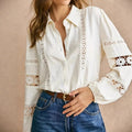 2026 New Elegant Lace Patchwork Long Sleeve Blouse Women Hollow Out Lace Trim Office Lady Commute Casual Shirt Top