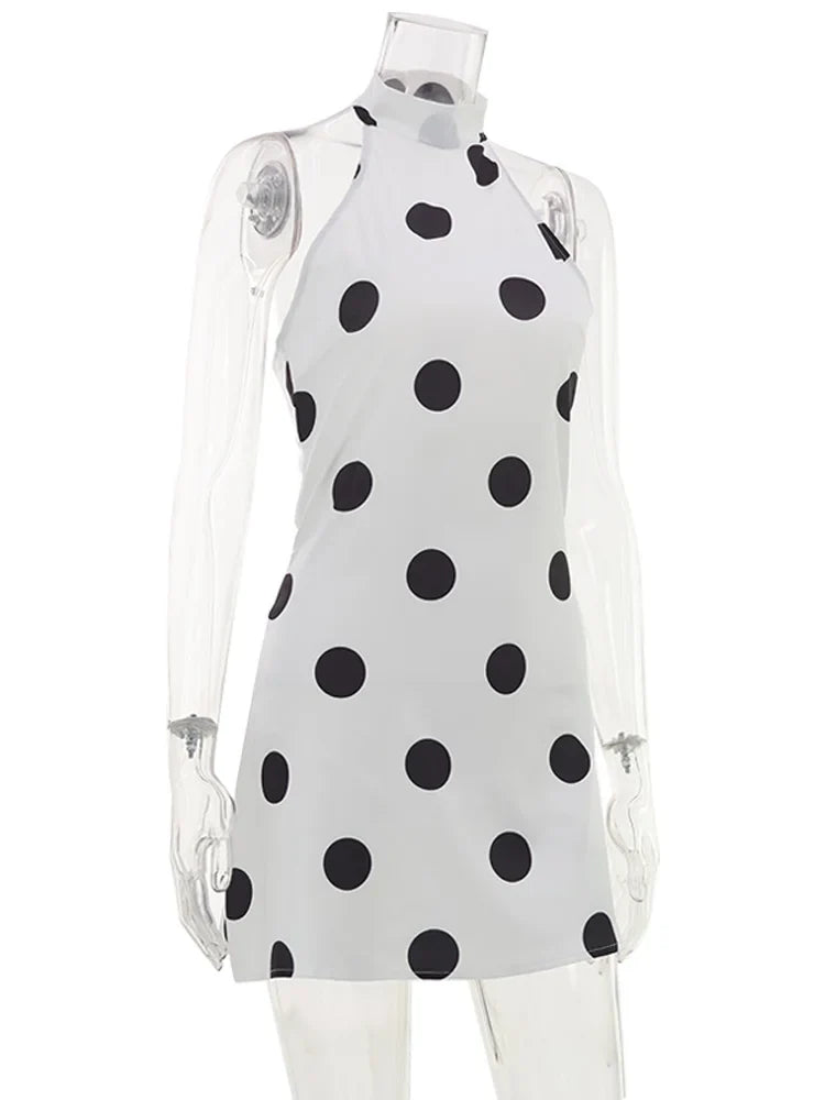 Ahagaga Sexy Slim Mini Dresses Women Polka Dot Print Halter Neck Sleeveless Backless A-Line Casual Vacation Zipper Vestidos
