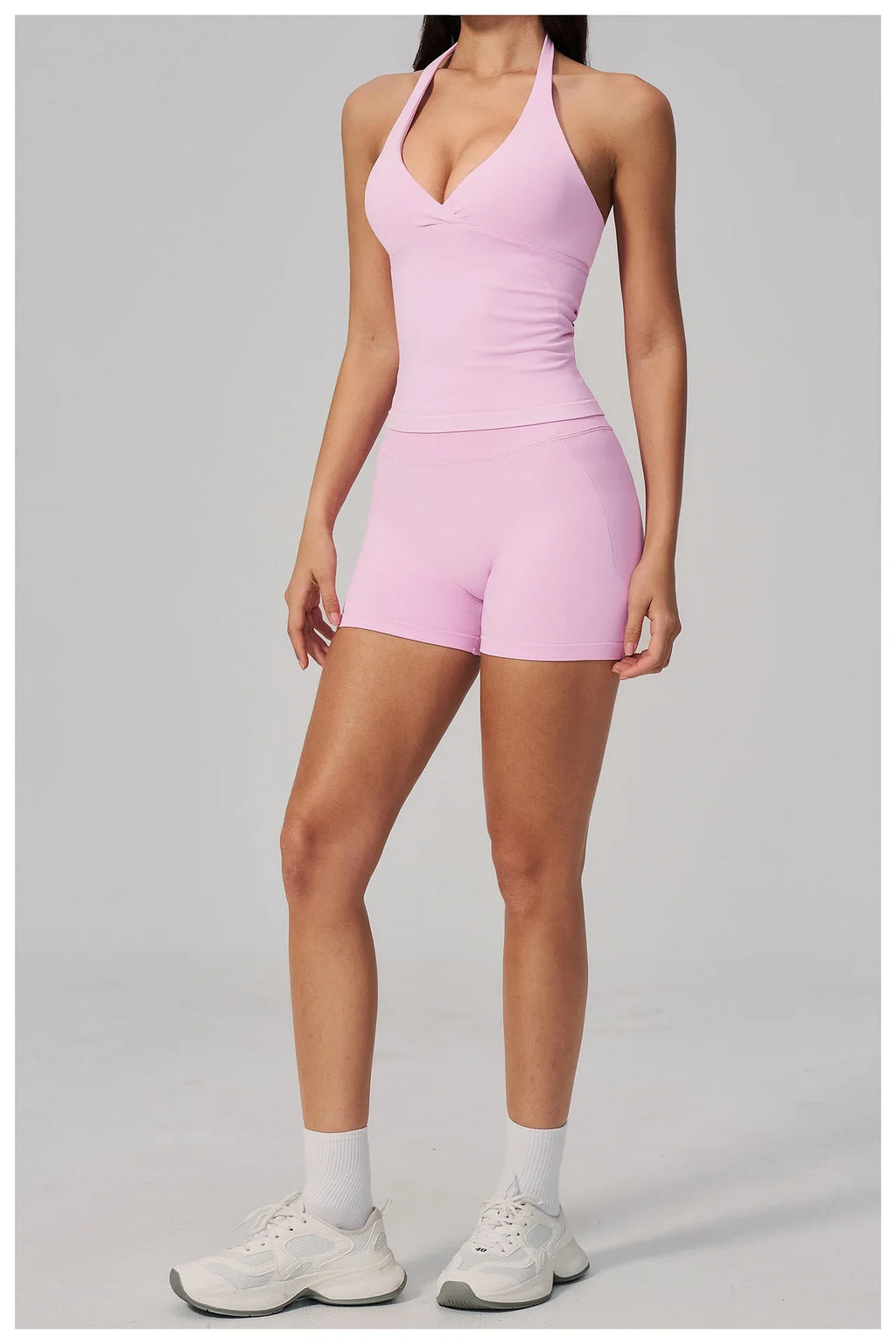 New Seamless Yoga Thread Set Women Hanging Neck V Neck Slim Sports Tank Top Hip Lifting Abdominal Tightening Shorts Fitness Suit