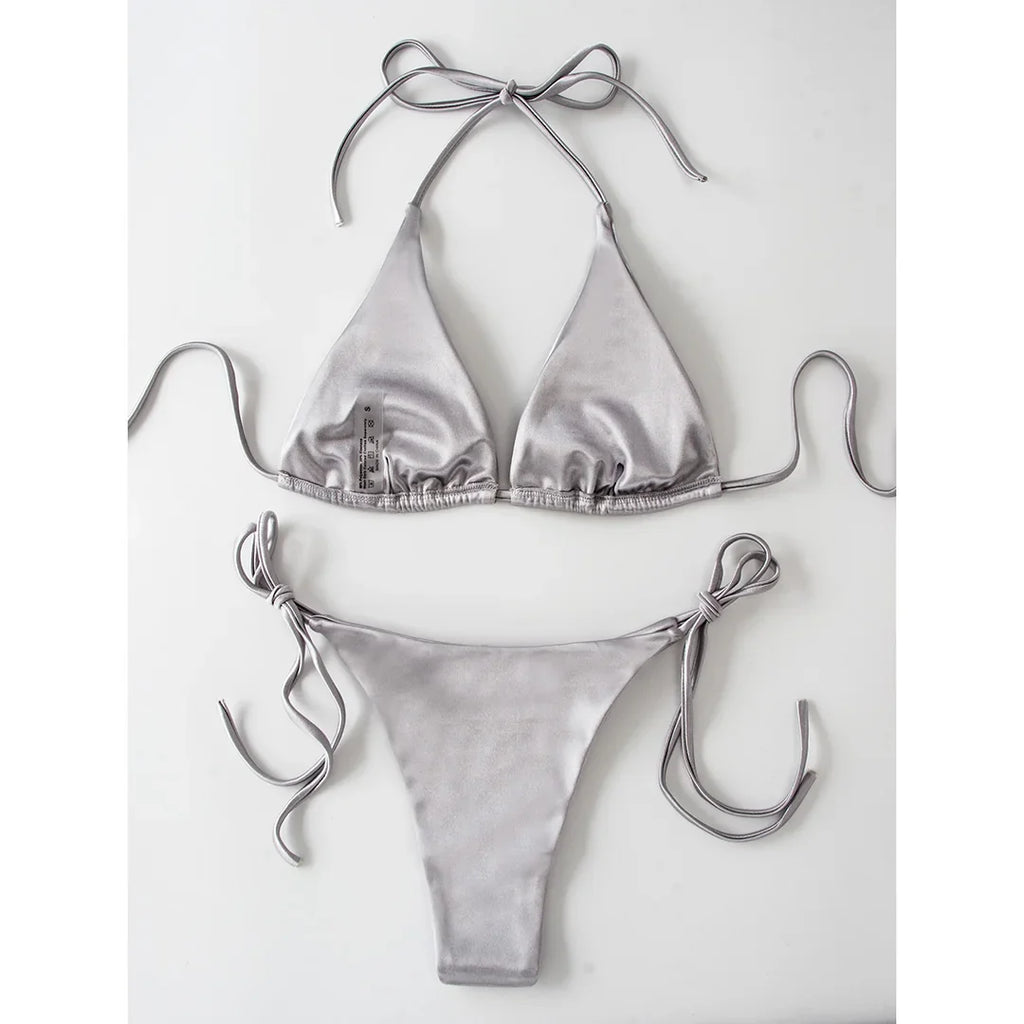 Sexy 13 Colors Halter Satin Brazilian Bikini Women Swimwear Female Swimsuit Two-pieces Bikini set Bather Bathing Suit Swim V4966