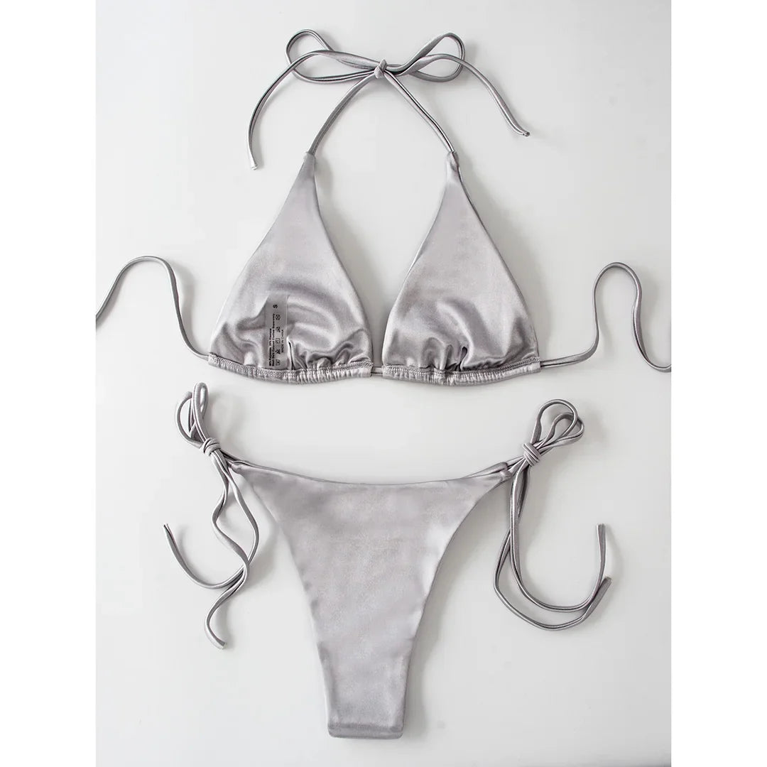 Sexy 13 Colors Halter Satin Brazilian Bikini Women Swimwear Female Swimsuit Two-pieces Bikini set Bather Bathing Suit Swim V4966
