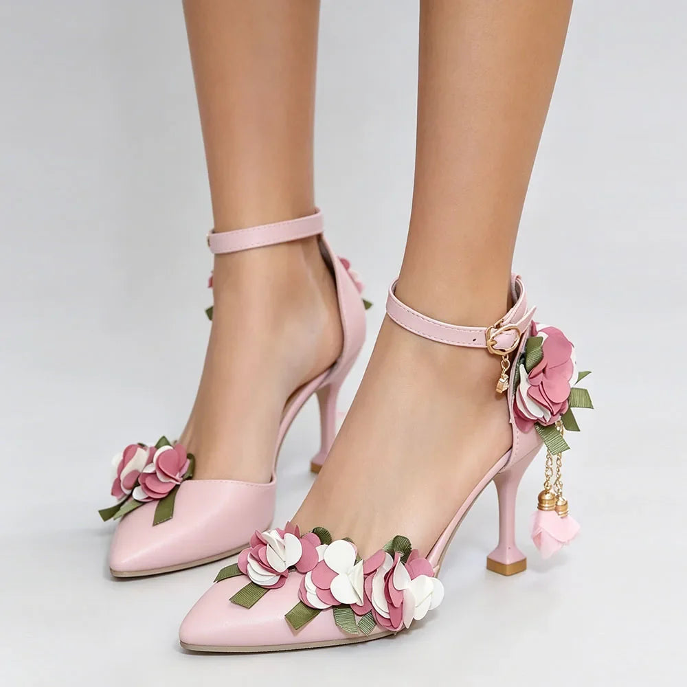 Small Big Size 32-46 Women's Elegant Pink Flowers High Heels Sandals Summer Sexy Pointy Toe Party White Wedding Sandals Shoes