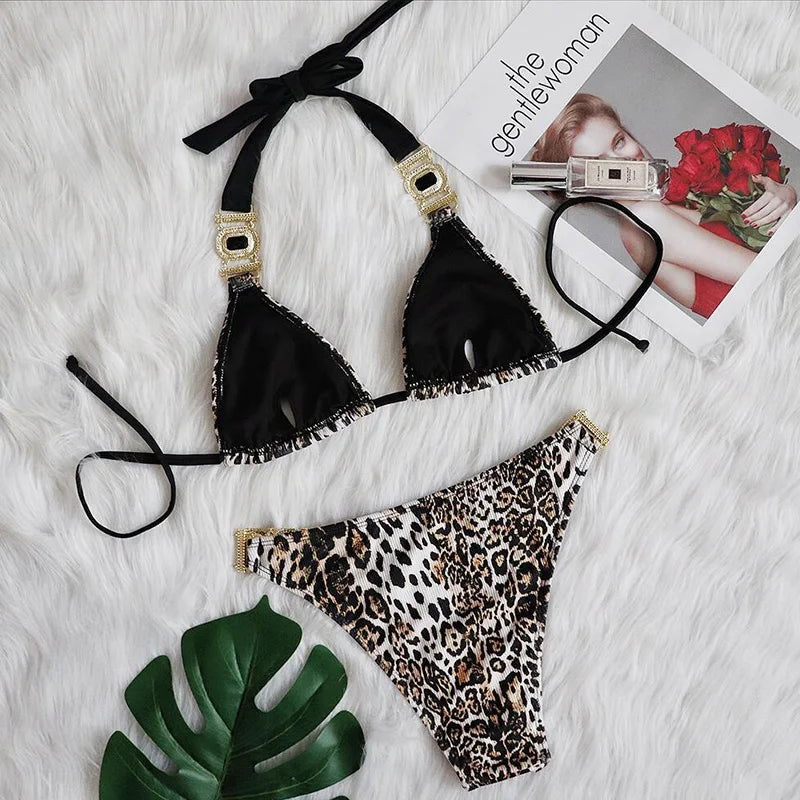 Sexy Leopard Halter Rhinestone Diamond Bikini Women Swimsuit Female Swimwear Two Pieces Bikini Set Ribbed Bathing Suit Swim Lady