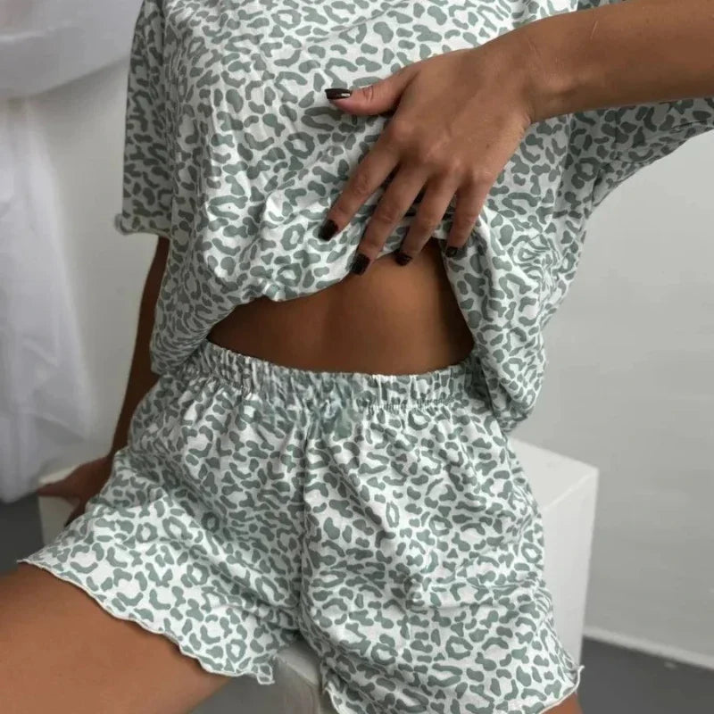 Women's Fashion Models Leopard Print Sexy Hottie Round Neck Short Sleeve Shorts Suit Pyjamas Homewear