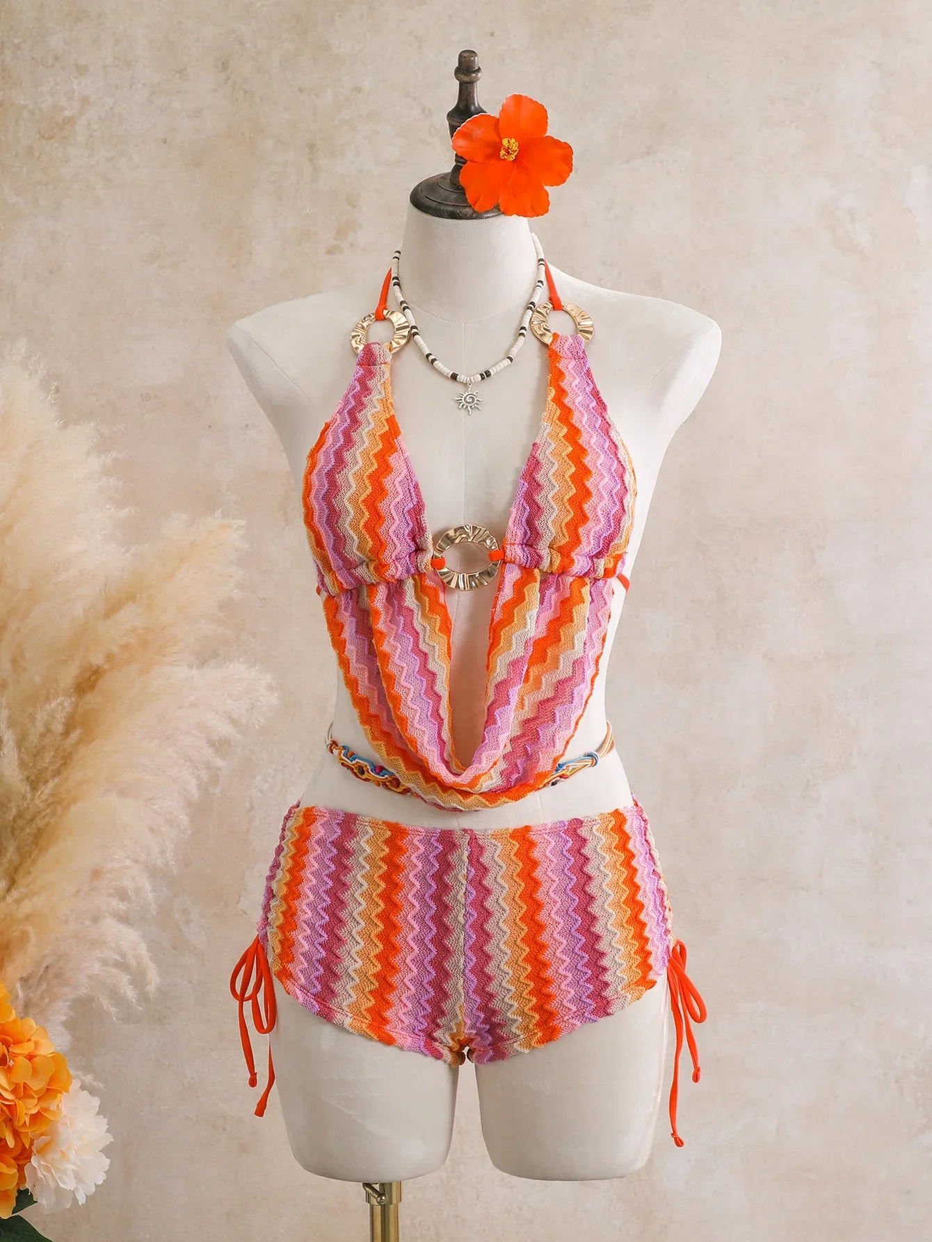 Vintage Blue Striped Knitted Cover Up 3 Piece Bikini Set 2026 Swimwear Women Push Up Bra Drawstring High Waist Shorts Swimsuit