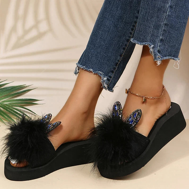 Faux Fur Wedges Slippers for Women Spring Autumn Fashion Crystal Detor Platform Slides Woman Slip On Open Toe Slippers Female