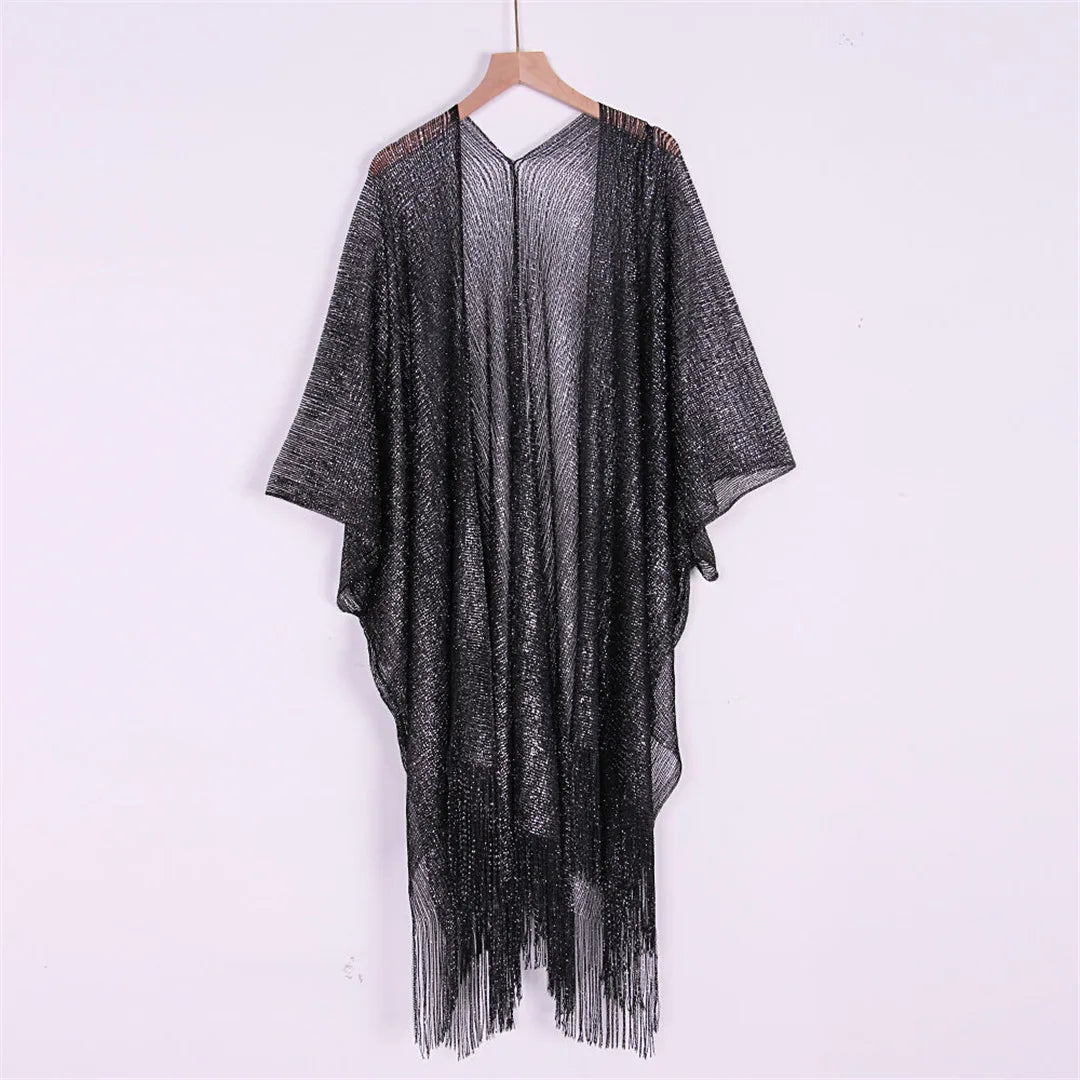 Sexy Fringe Tassel Mesh Sheer Shiny Knitted Tunic Beach Cover Up Cover-ups Beach Dress Beach Wear Beachwear Female Women V3321