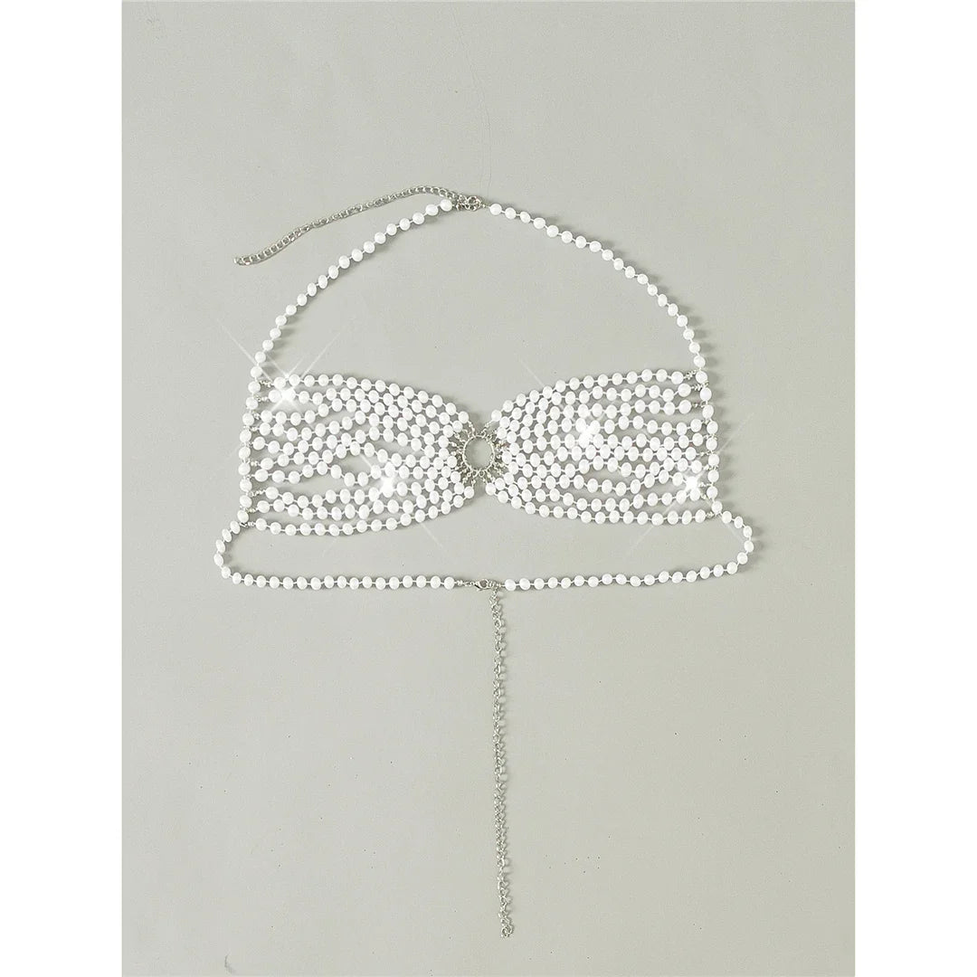 Luxury Pearls Halter Hollow Out See Through Bikini Top Female Swimsuit Women Swimwear Bather Bathing Suit Swim Beach Top V5409