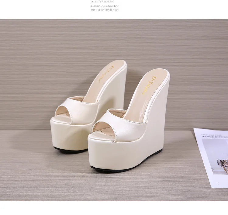 NASBAVI 2025 Fashion Peep Toe Wedges Heel Outside Women Slippers Concise PU Platform Slip on Summer Beach Mules Apricot 35-42