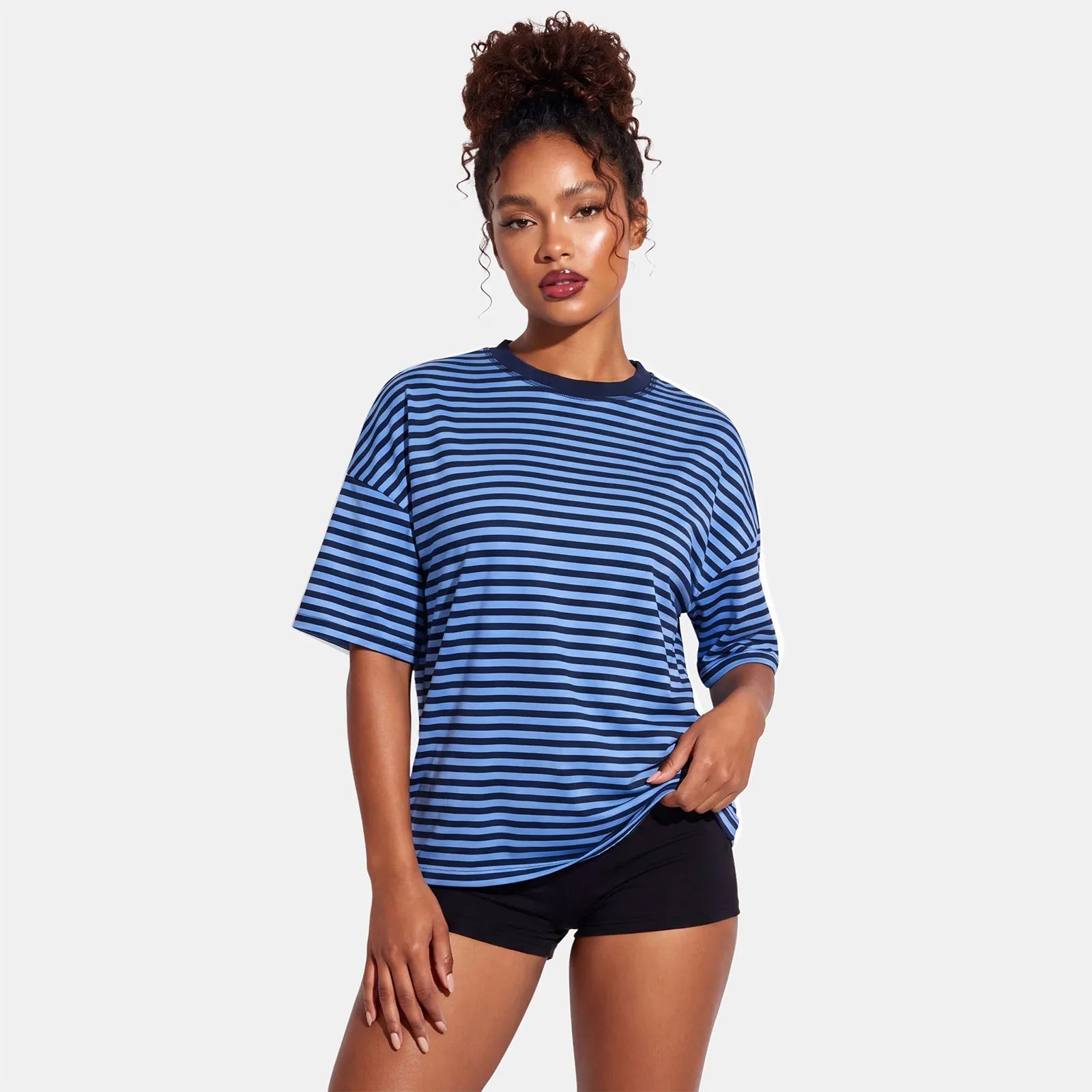 Summer Women's Loose T-shirt Casual Stylish Striped Crew Neck Short Sleeve Drop Shoulder Tee Tops