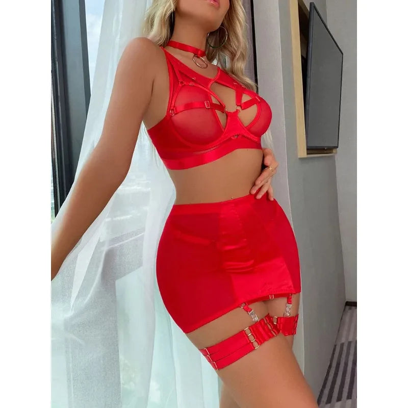 Toucheart 5-Pieces Erotic Lingerie Sexy Hip Skirt For Women Mesh Patchwork Hollow Out See-Through Lure Garters Underwear Suit