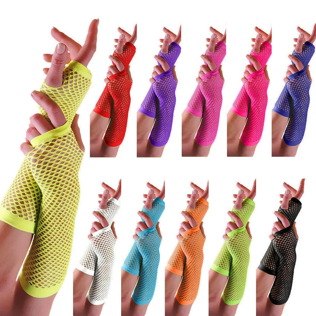 Blue Neon Fishnet Fingerless Long Gloves Arm Cuff Party Wear Fancy Dress For Women Sexy Girls Punk Gothic Dance Party Mesh Glove
