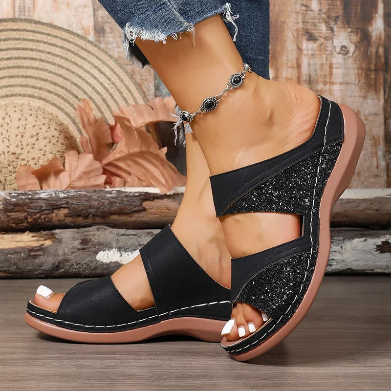 Golden Glitter Platform Sandals for Women Summer Lightweight Wedge Heel Sandles Woman Plus Size 43 Thick Sole Sandalias Mujer