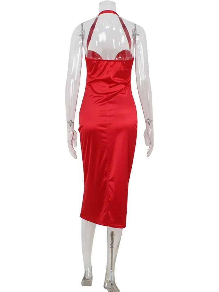 Ahagaga Fashion Halter Women's Maxi Dresses Solid Blackless Sleeveless Sheath Split Bodycon Slim Fit Party Female Vestidos Robes