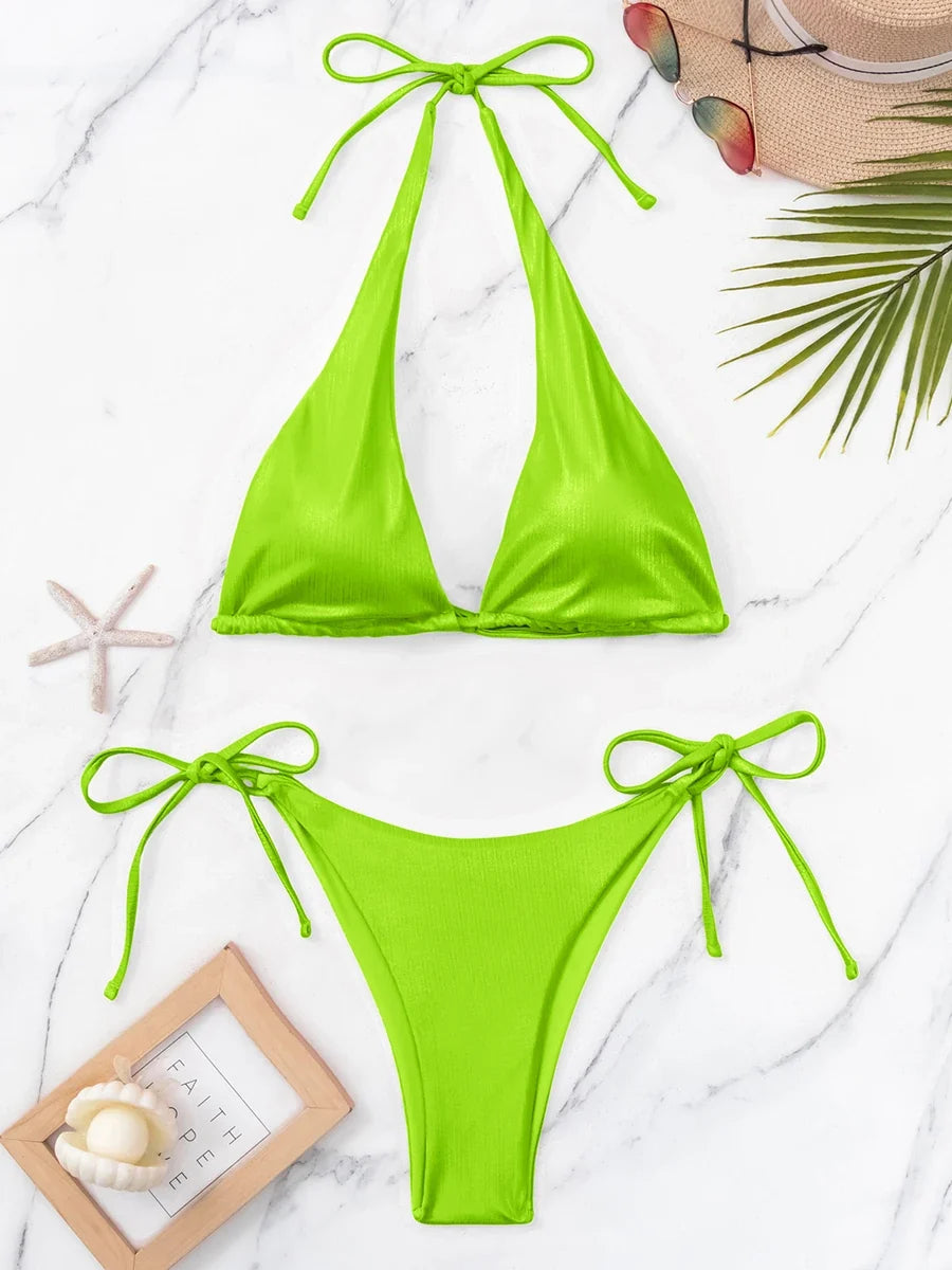 String Bikini 2026 Women Solid Halter Swimsuit Sexy Tie Side Swimwear Female Bathing Swimming Swim Suit Beachwear