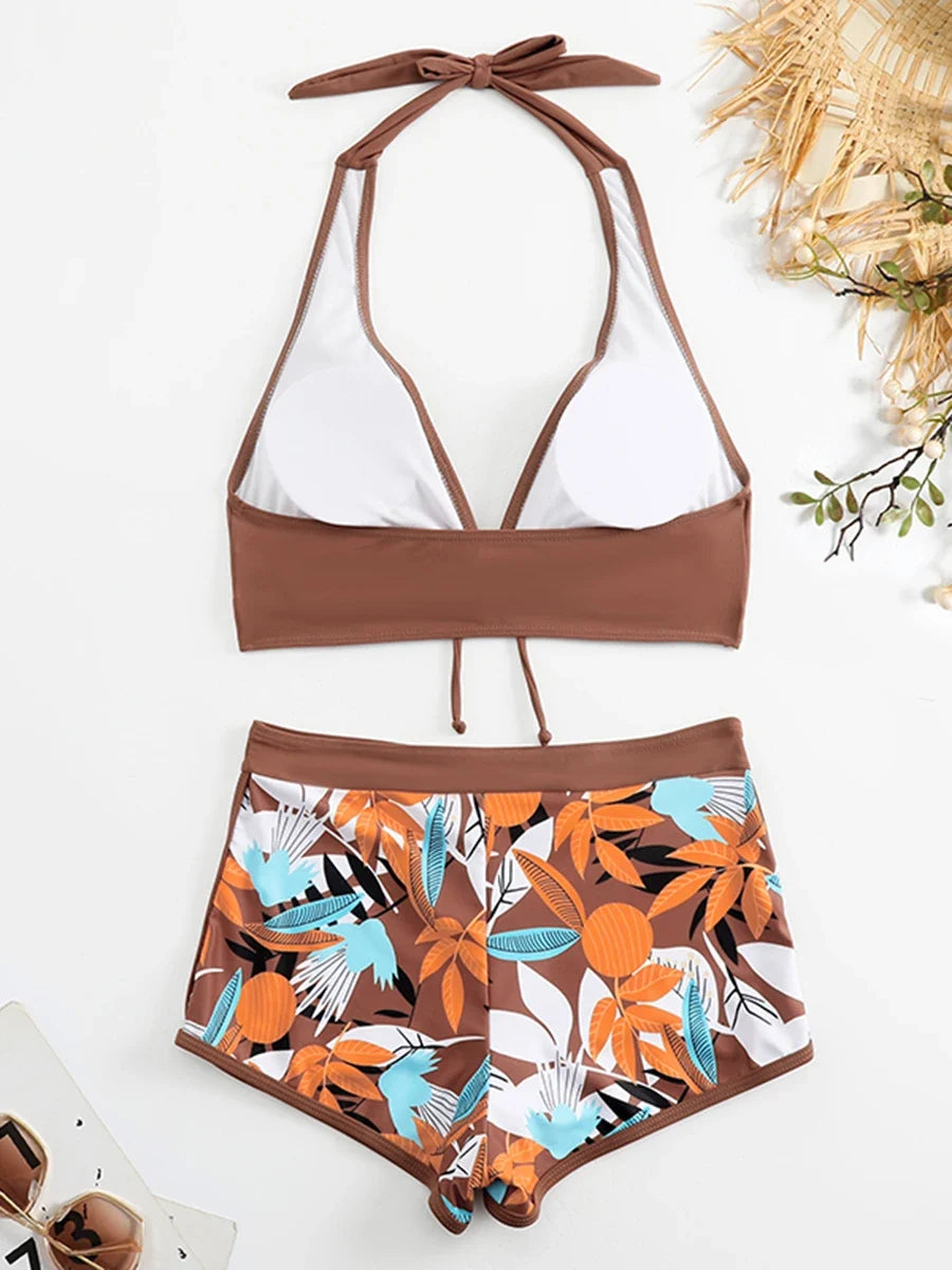 Halter Bikinis 2026 Women Printed Swimsuit Shorts High Waist Swimwear Female Bathers Swimming Bathing Suit Summer Beachwear