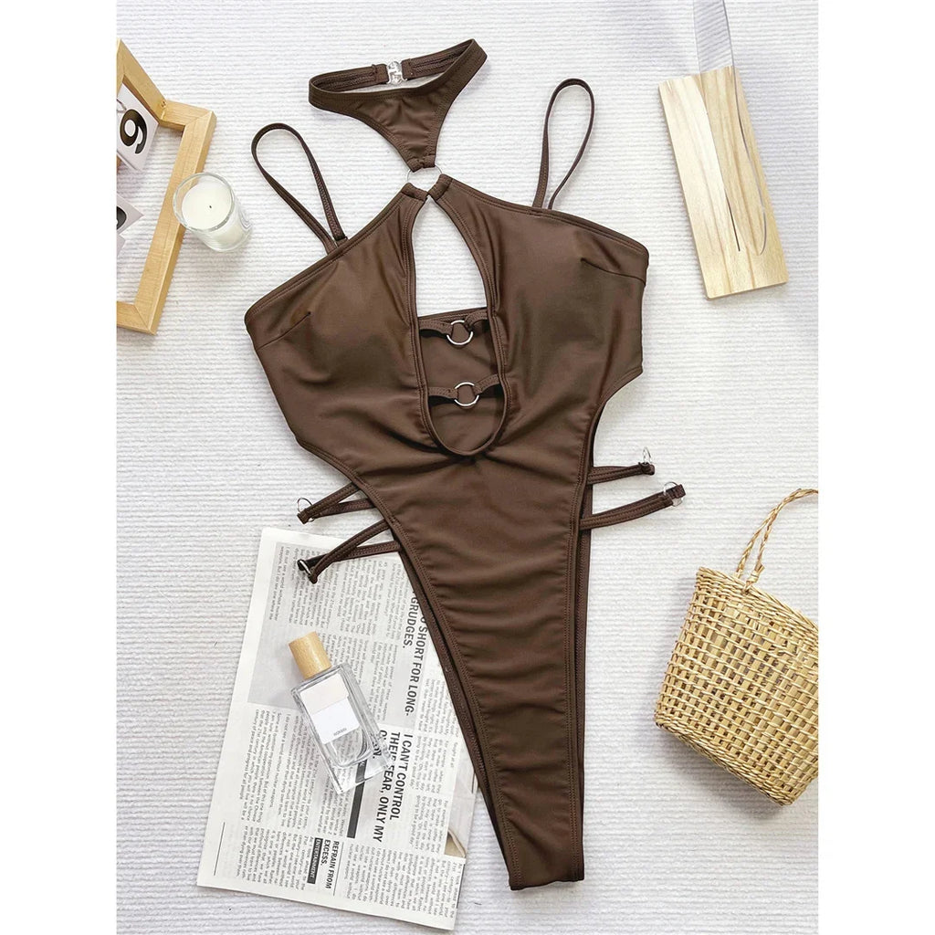 Cut Out Halter Mini Micro Thong High Leg Cut One Piece Swimsuit Women Swimwear Female Monokini Bather Bathing Suit Swim V5748