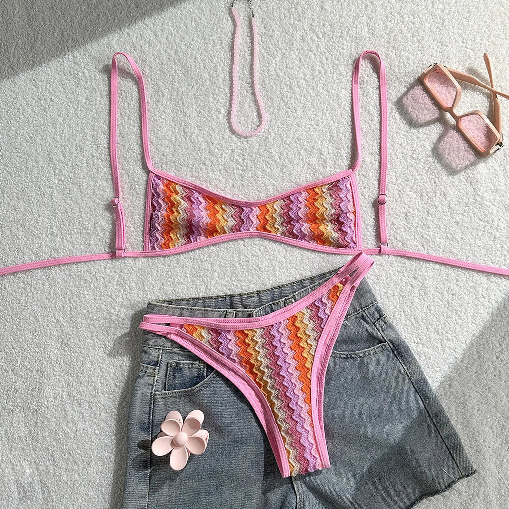 Crochet Striped High Leg Cut Brazilian Bikini Female Swimsuit Women Swimwear Two-pieces Bikini Set Bather Bathing Suit Swim Lady