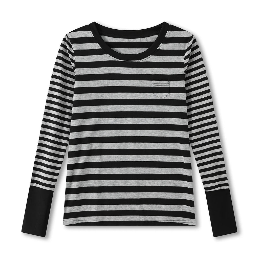 Women Striped Print Long Sleeve Tops Fitted Round Neck Fall T-shirts Casual Streetwear for Daily Office Party