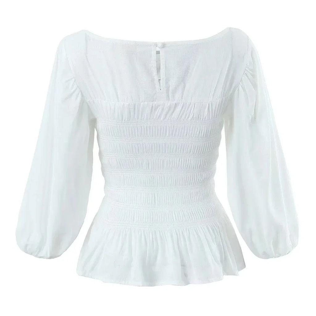 Foridol White Summer Linen Women Blouse Off Shoulder Lantern Sleeve Short Blouse Top 2025 Spring Smocked Pelpum Top New
