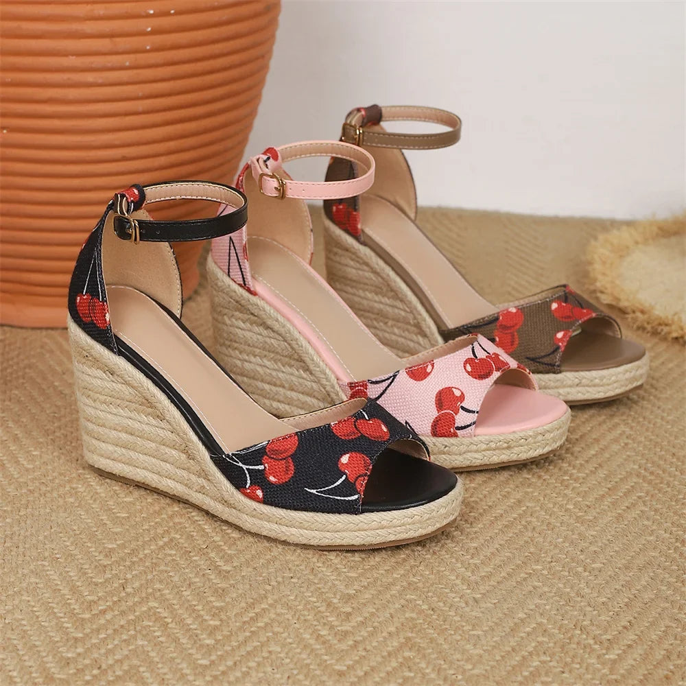 EUR Size 45 Leisure Espadrille Wedge Sandals Women Cherry Summer High Heels Shoes Beach Vacation Platform Ankle Strap Sandals
