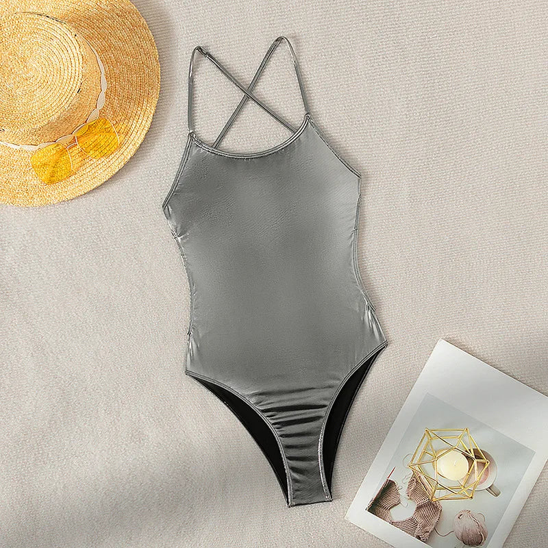 sexy glitter metallic silver backless swimsuit one piece bikini bandage swimwear bodysuits women biquini bathing suits tankini