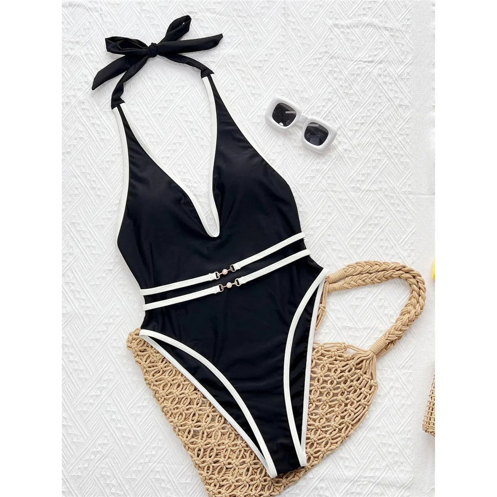 Sexy Deep V Neck Halter With Belt One Piece Swimsuit Women Swimwear Female High Cut Leg Monokini Bather Bathing Suit Swim V7602
