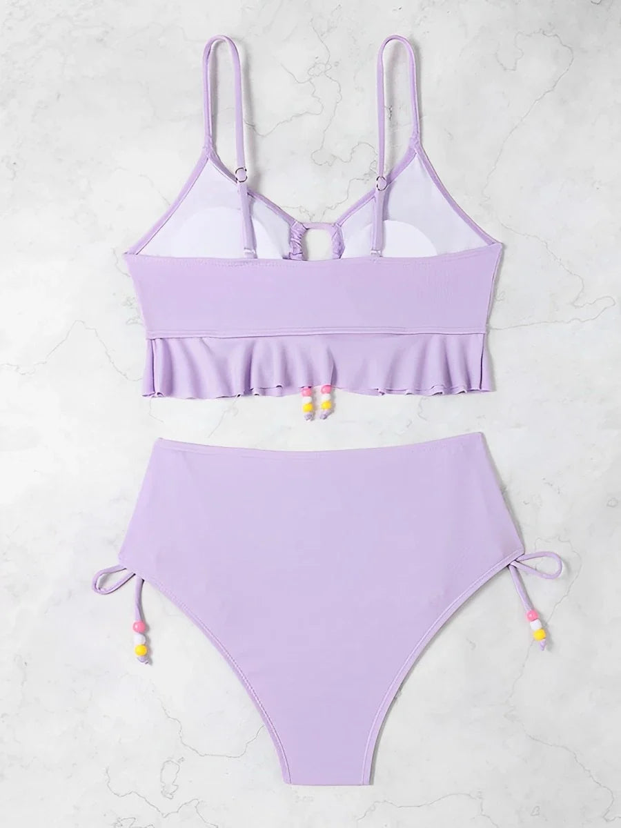 2026 High Waist Bikini Women Drawstring Swimwear Female Ruffle Swimsuit Solid Bathers Bathing Swimming Swim Suit Beachwear