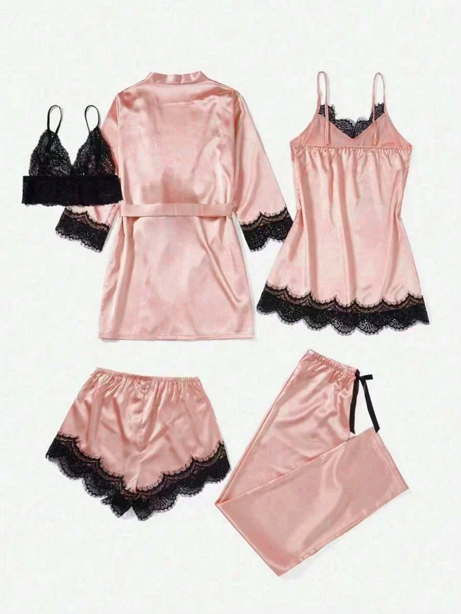 5 Pieces Women's Satin Sleepwear Pajama Set Robe Sexy Lingerie Bathrobe Lace Silk Night Dress Trousers Home Clothed Nightwear PJ